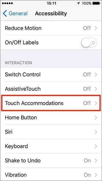 Touch Accommodations option on iPhone