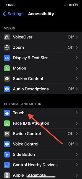 iPhone settings accessibility touch