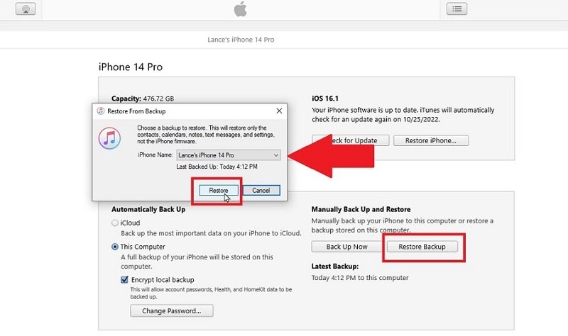 iTunes restore from backup