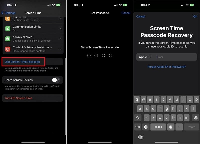 set up Screen Time passcode on iPhone