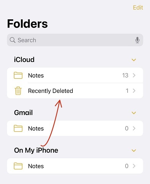 Recently deleted folder for notes on iPhone