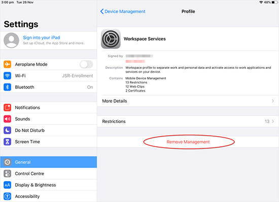 remove management profile on iPhone