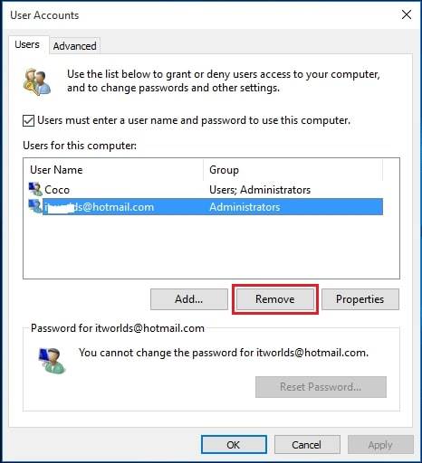 user accounts and the Remove button in the Netplwiz window on Windows 10