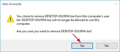 confirmation dialog in the Netplwiz window on Windows 10