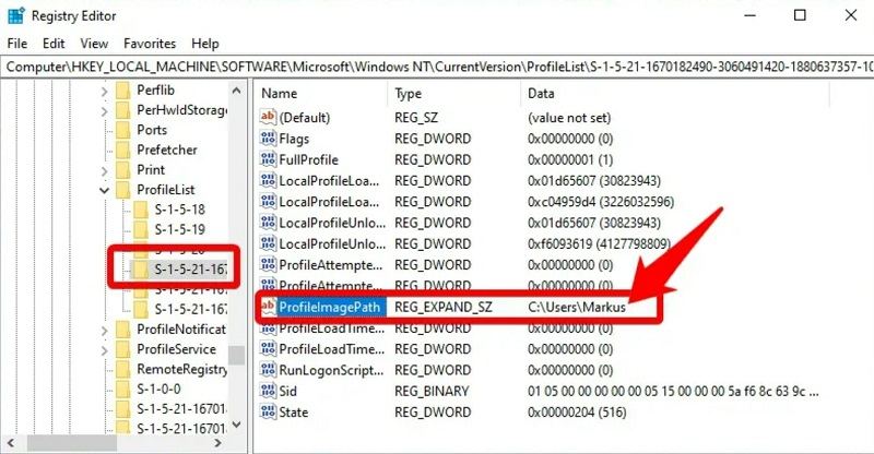 SID subkeys and the ProfileImagePath value in the Registry Editor on Windows 10
