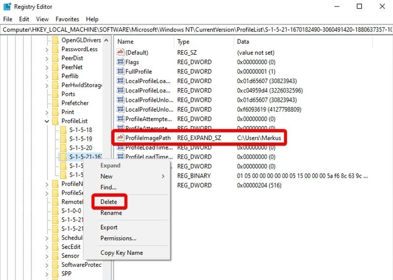 Delete ProfileImagePath in the Registry Editor on Windows 10