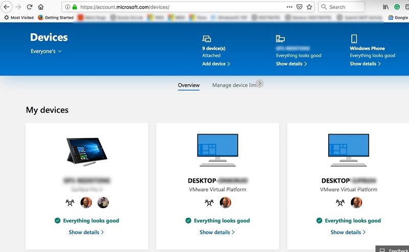 Show details option for a device on the Microsoft account devices page