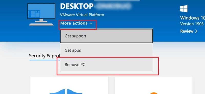 Remove PC button in the device details section on the Microsoft account devices page