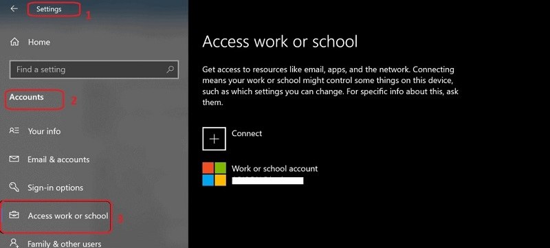 Accounts option in the Settings app on Windows 10