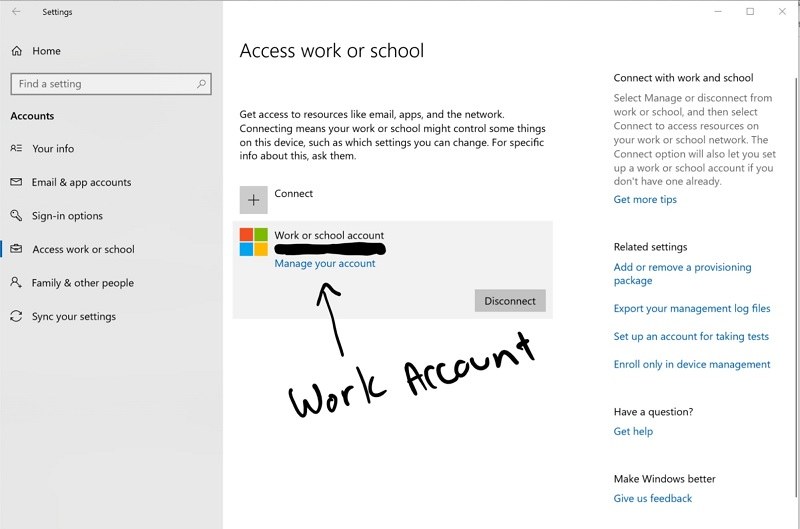 Access work or school option in the Settings app on Windows 10