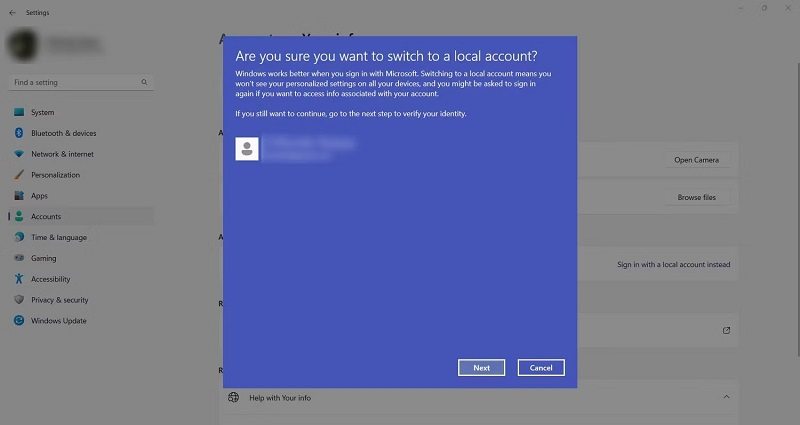 option to switch to a local account and remove a Microsoft account on Windows 10