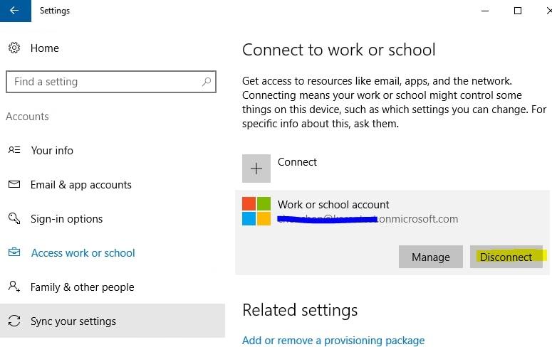 Disconnect Access work or school option in the Settings app on Windows 10