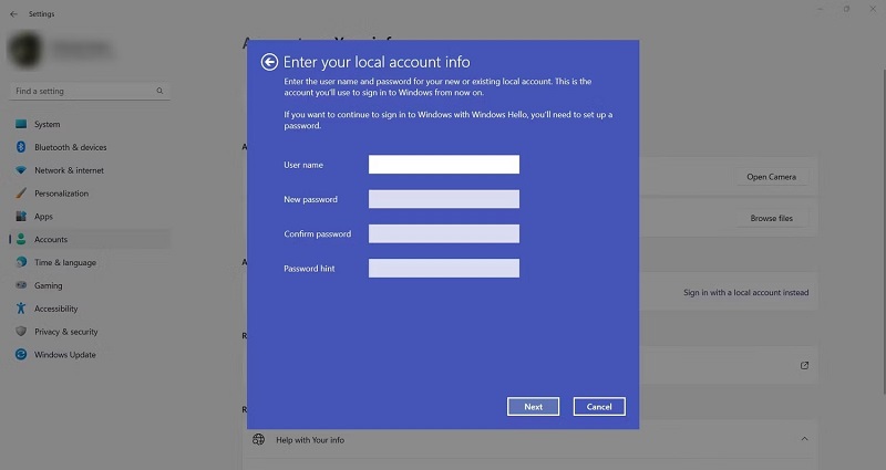 option to create a local account and remove a Microsoft account on Windows 10