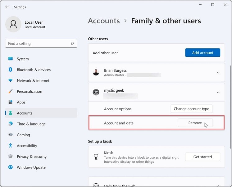Remove option to remove a Microsoft account on WIndows 10
