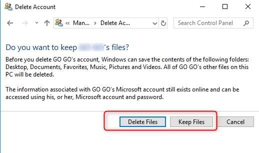 Keep Files or Delete Files option in Control Panel on Windows 10