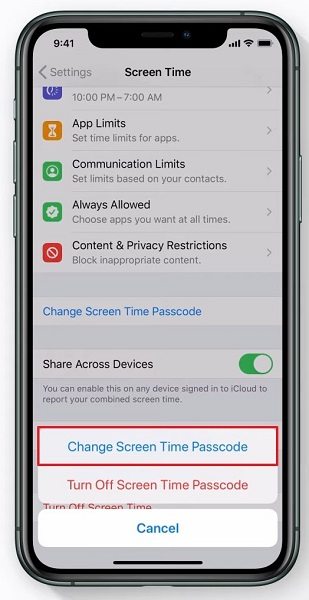 tap on change screen time passcode on iPhone