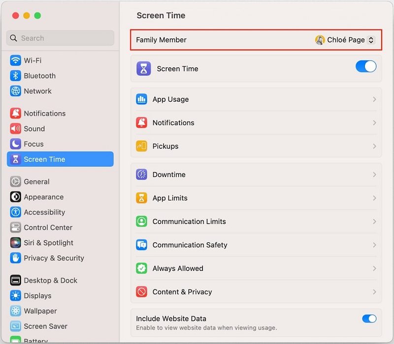 choose the family member to reset screen time password on Mac