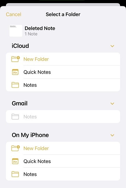 Move deleted notes from recently deleted folder on iPhone