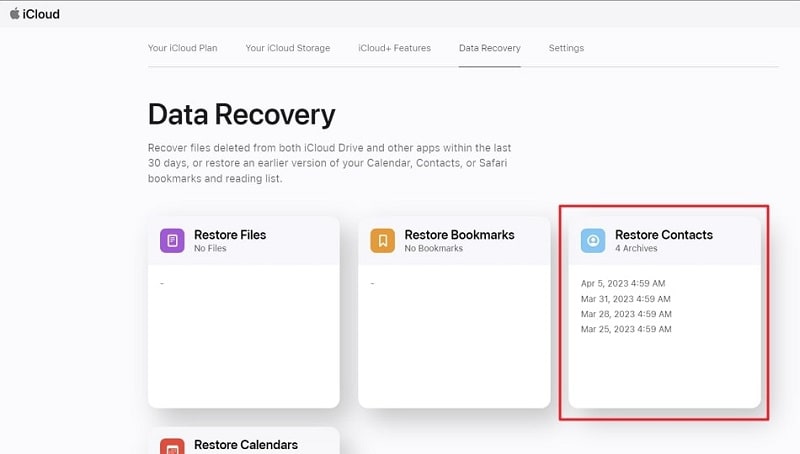 Select restore contacts from data recovery from iCloud
