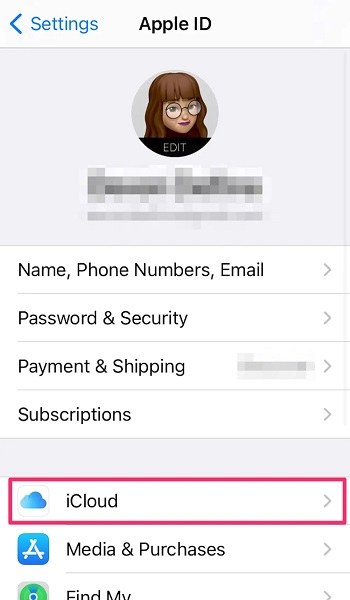 iCloud option in the iPhone Settings menu