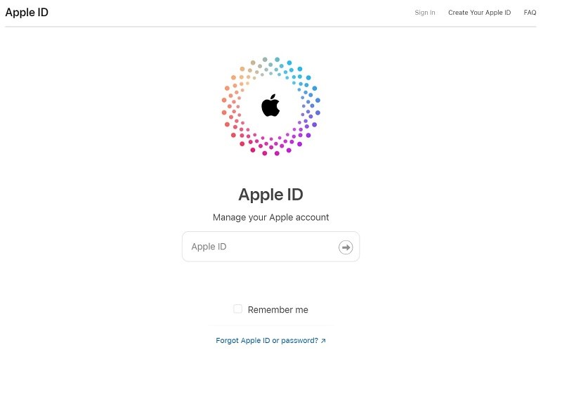 Apple ID’s official sign-up page with the Forget Apple ID or password option