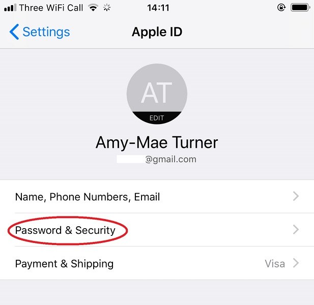 Password & Security option on iPhone