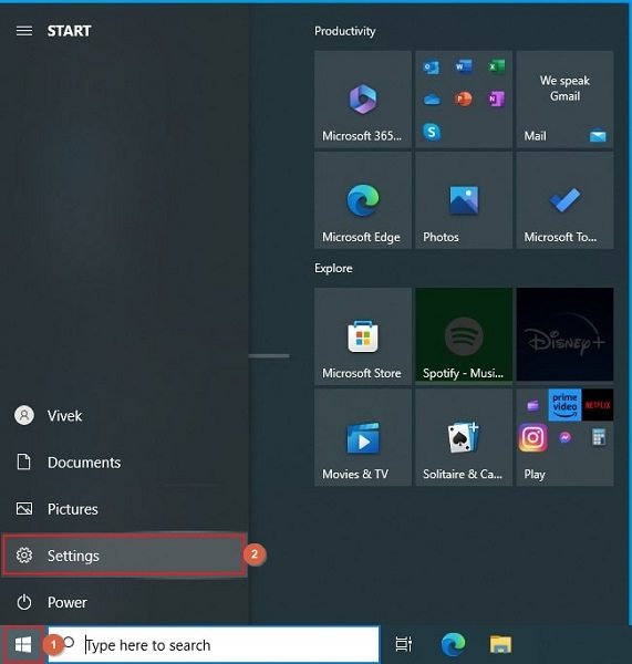 Open settings on Windows 10