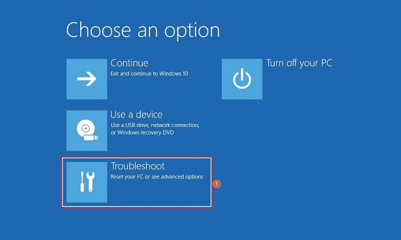 click Troubleshoot on Choose an option screen