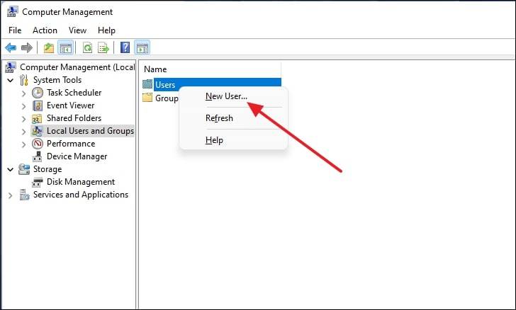 create a new user account on computer management 