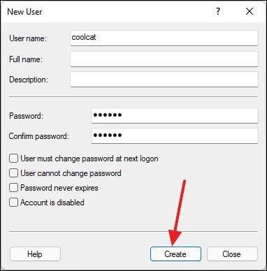 type the username and password to create a new user account 