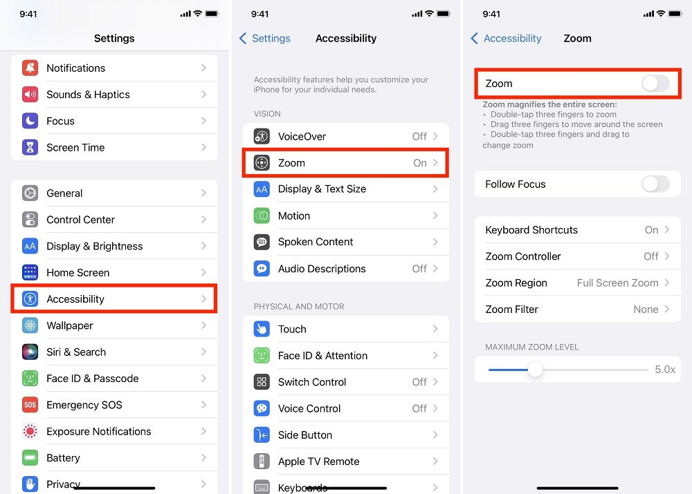 disable screen zoom on iPhone from settings
