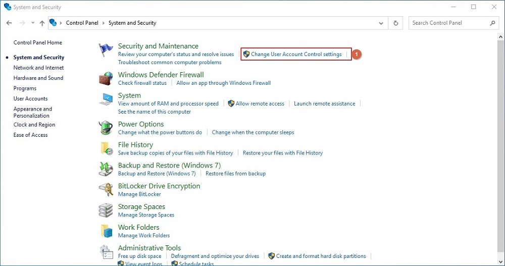 click Change User Account Control settings from the Security and Maintenance on Windows 10