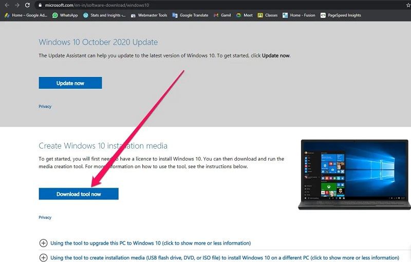 Download tool now button on the Windows 10 download page
