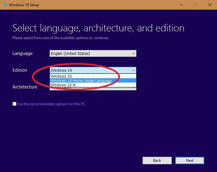 Windows edition selection in the Media Creation Tool