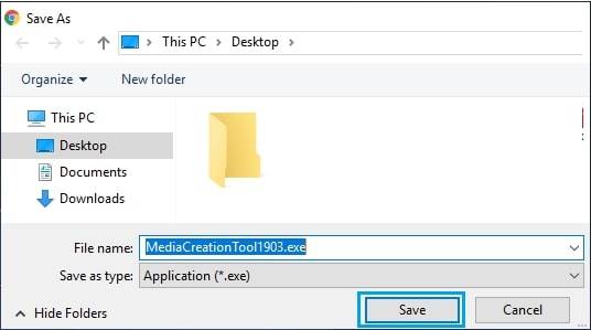 choose the location to save the ISO file in the Media Creation Tool