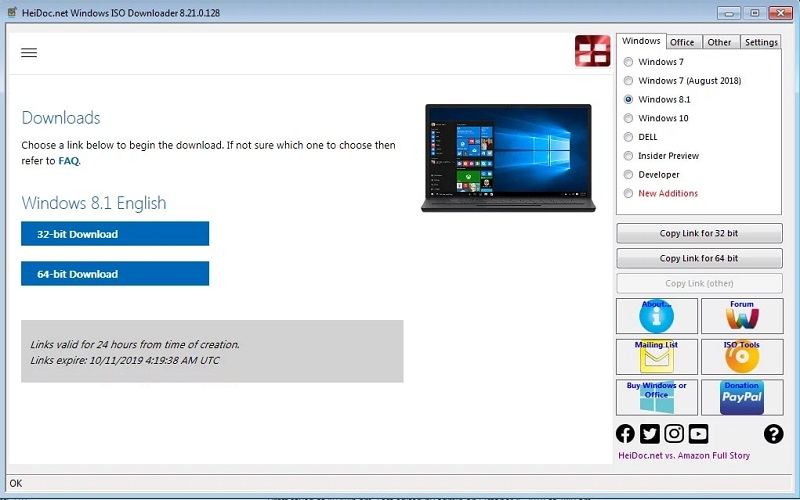 32-bit or 64-bit Windows 10 ISO download link selection
