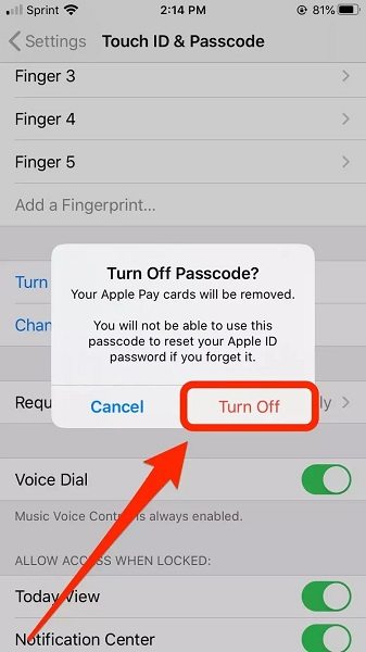 enabled Turn Off Passcode option