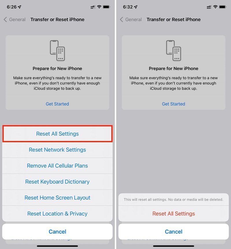 Reset All Settings option on an iPhone