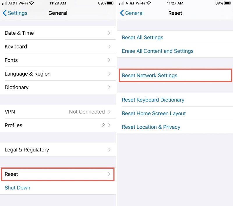 resetting network settings on an iPhone