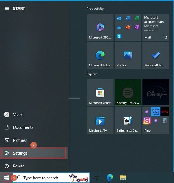 Click Start and click the Settings on Windows 10