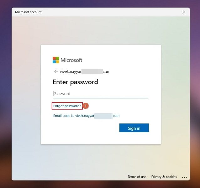 Forgot password link on Microsoft sign in window
