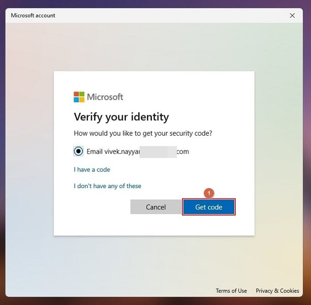 Get code in Verify your identity box