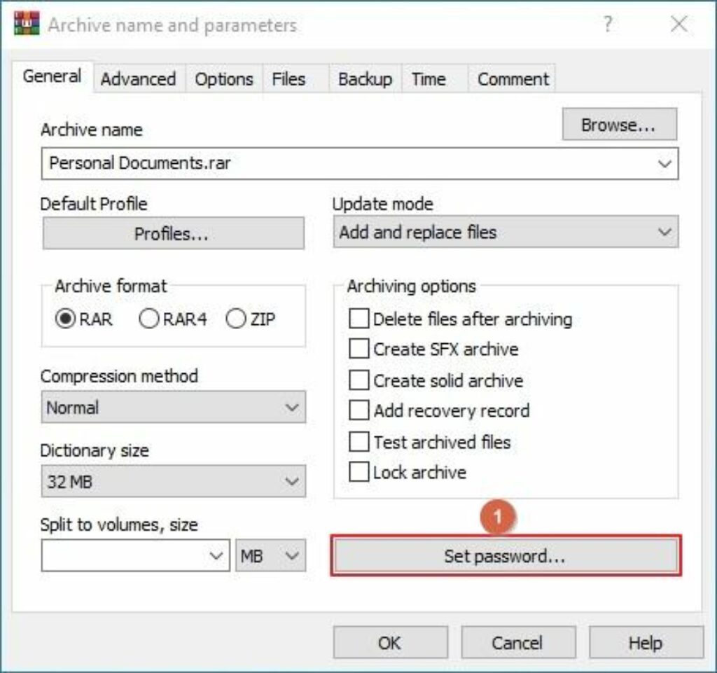 choose Set password on the Archive name and parameters